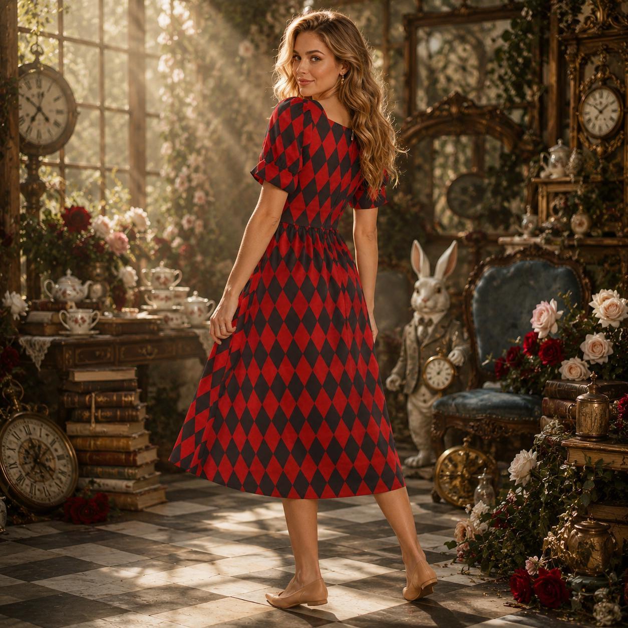 Red harlequin puff sleeve dress, Alice in Wonderland costume, gothic carnival party dress, sweetheart mini fantasy outfit, fairytale style