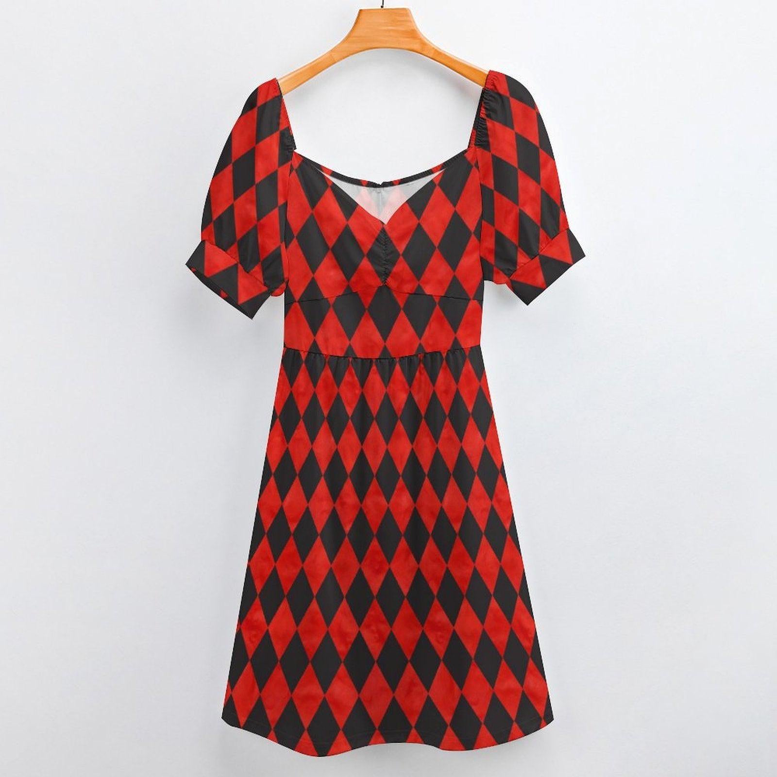 Red harlequin puff sleeve dress, Alice in Wonderland costume, gothic carnival party dress, sweetheart mini fantasy outfit, fairytale style