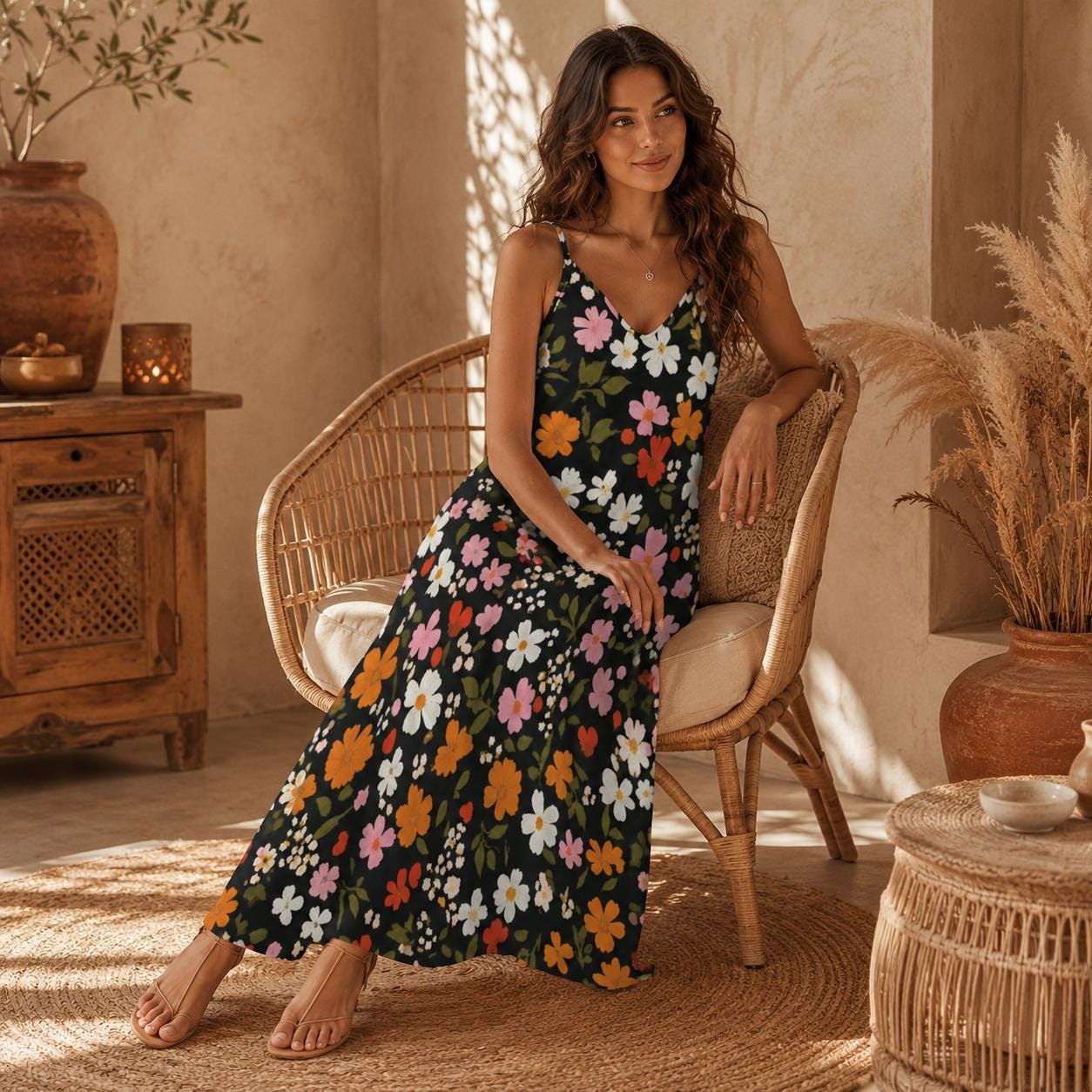 Black Floral Maxi Dress, Boho Sundress for Women, Cottagecore Summer Vacation Outfit