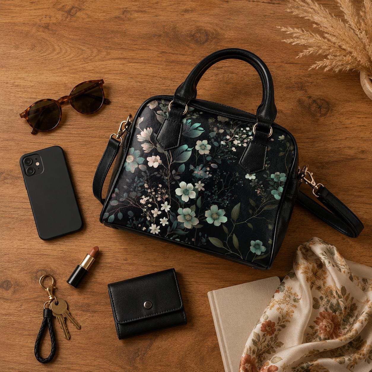 Botanical floral satchel, witchy crossbody bag, celestial garden tote