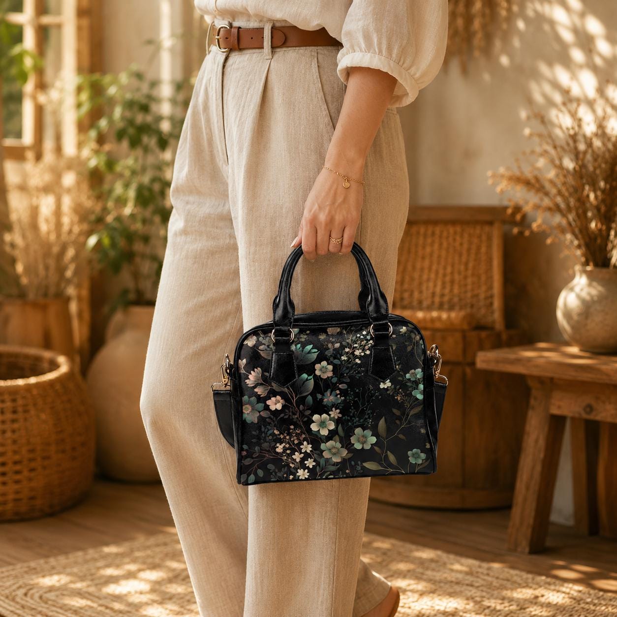 Botanical floral satchel, witchy crossbody bag, celestial garden tote