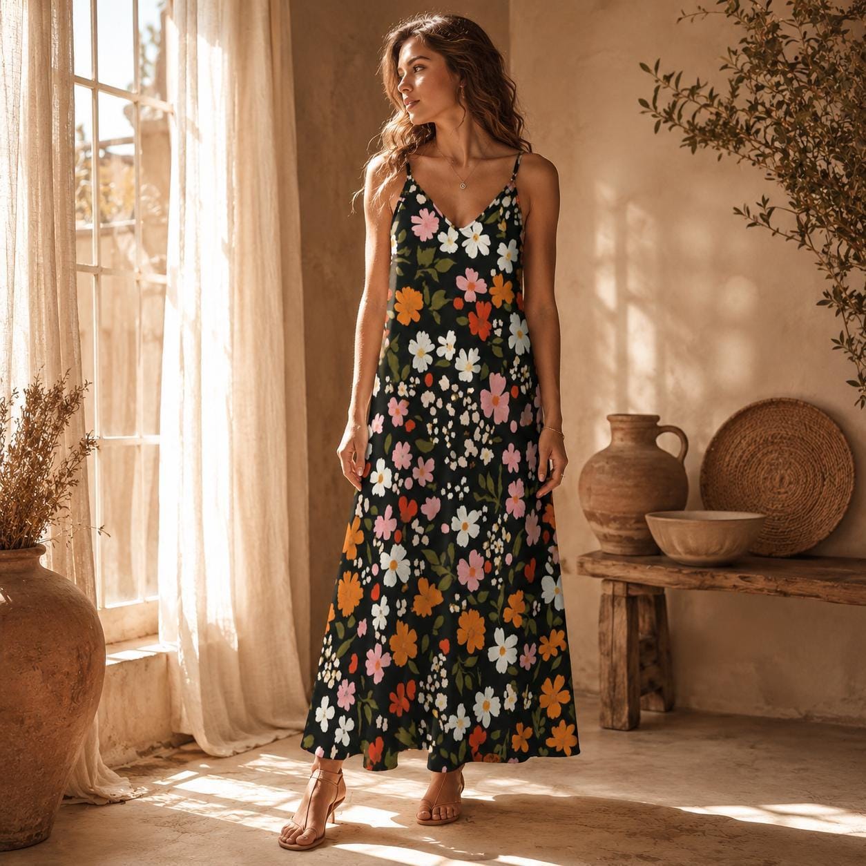 Black Floral Maxi Dress, Boho Sundress for Women, Cottagecore Summer Vacation Outfit