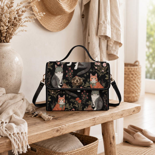 Vintage Cat Clutch Purse, Dark Floral Top Handle Bag, Whimsical Pet Lover Handbag, Storybook Statement Purse