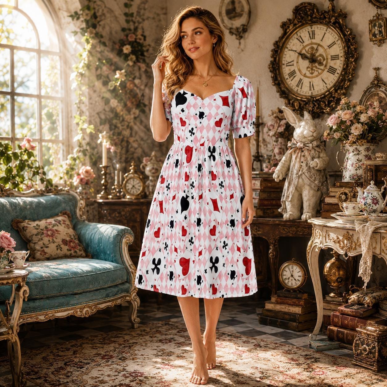 Pink Wonderland Midi Dress, Card Suit Sweetheart Dress, Queen Hearts Tea Party Dress