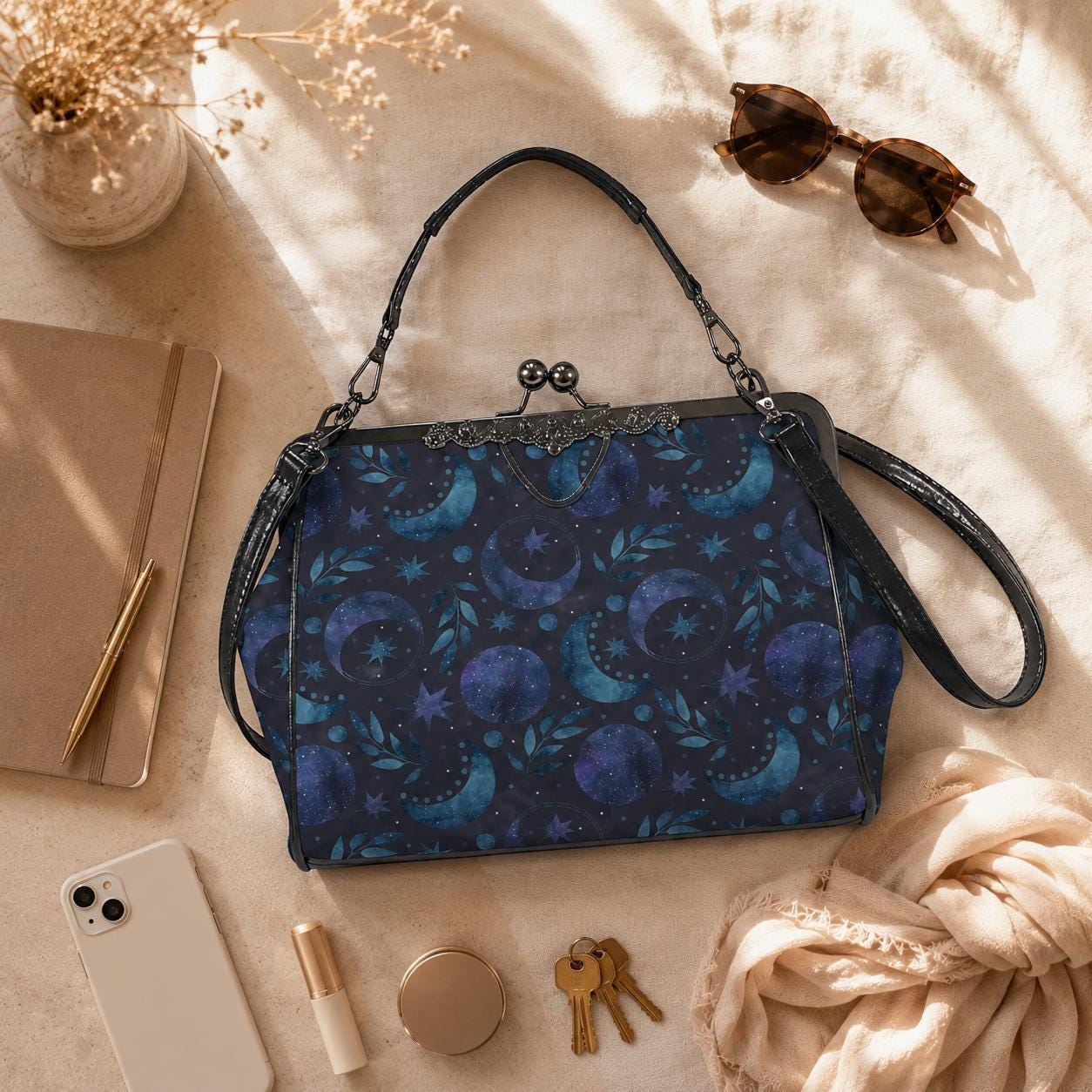 Moon Phase Kiss Lock Purse, Celestial Handbag, Starry Night Crossbody Bag
