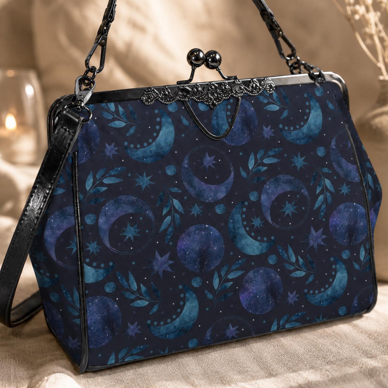 Moon Phase Kiss Lock Purse, Celestial Handbag, Starry Night Crossbody Bag