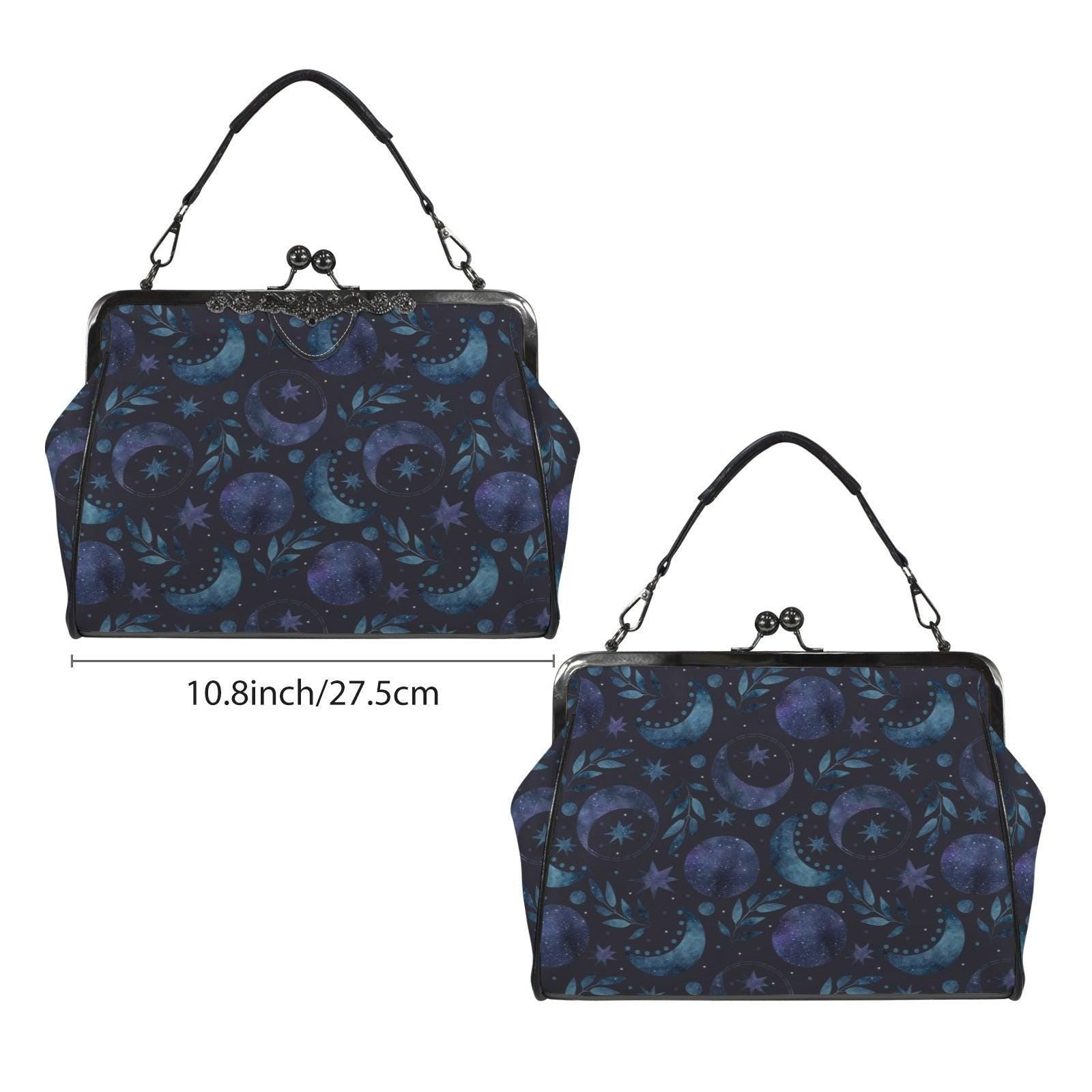 Moon Phase Kiss Lock Purse, Celestial Handbag, Starry Night Crossbody Bag
