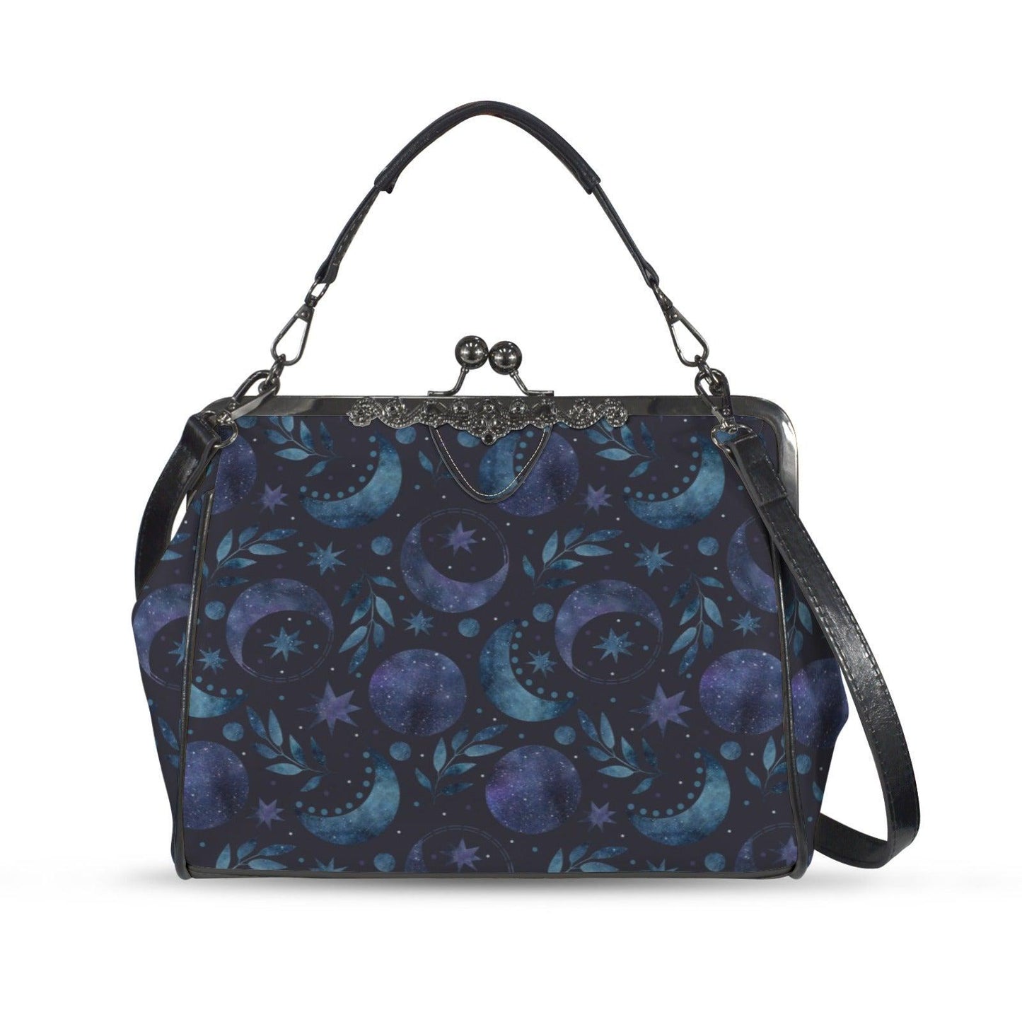 Moon Phase Kiss Lock Purse, Celestial Handbag, Starry Night Crossbody Bag