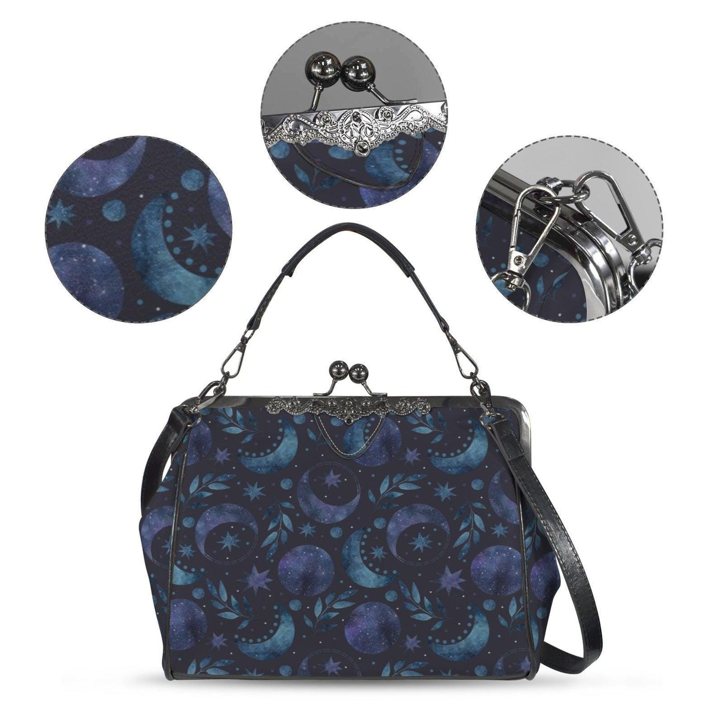 Moon Phase Kiss Lock Purse, Celestial Handbag, Starry Night Crossbody Bag