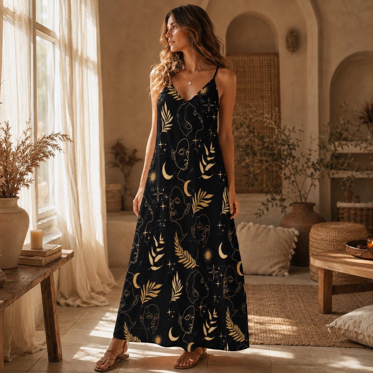 Celestial Tarot Maxi Dress Dark Cottagecore Witchy Print