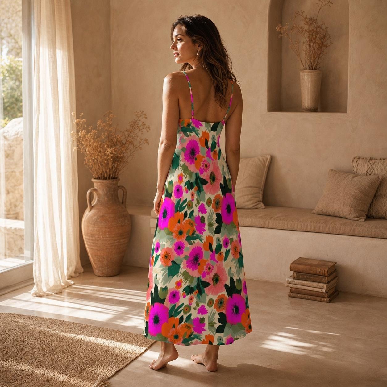Colorful Floral Maxi Dress, Boho Summer Sundress, Pink Orange Vacation Outfit