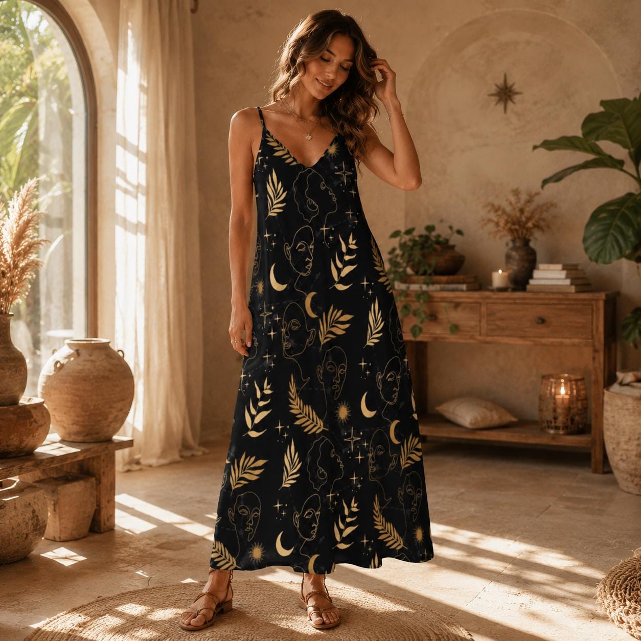 Celestial Tarot Maxi Dress Dark Cottagecore Witchy Print