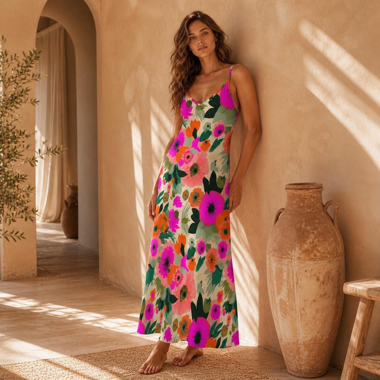 Colorful Floral Maxi Dress, Boho Summer Sundress, Pink Orange Vacation Outfit