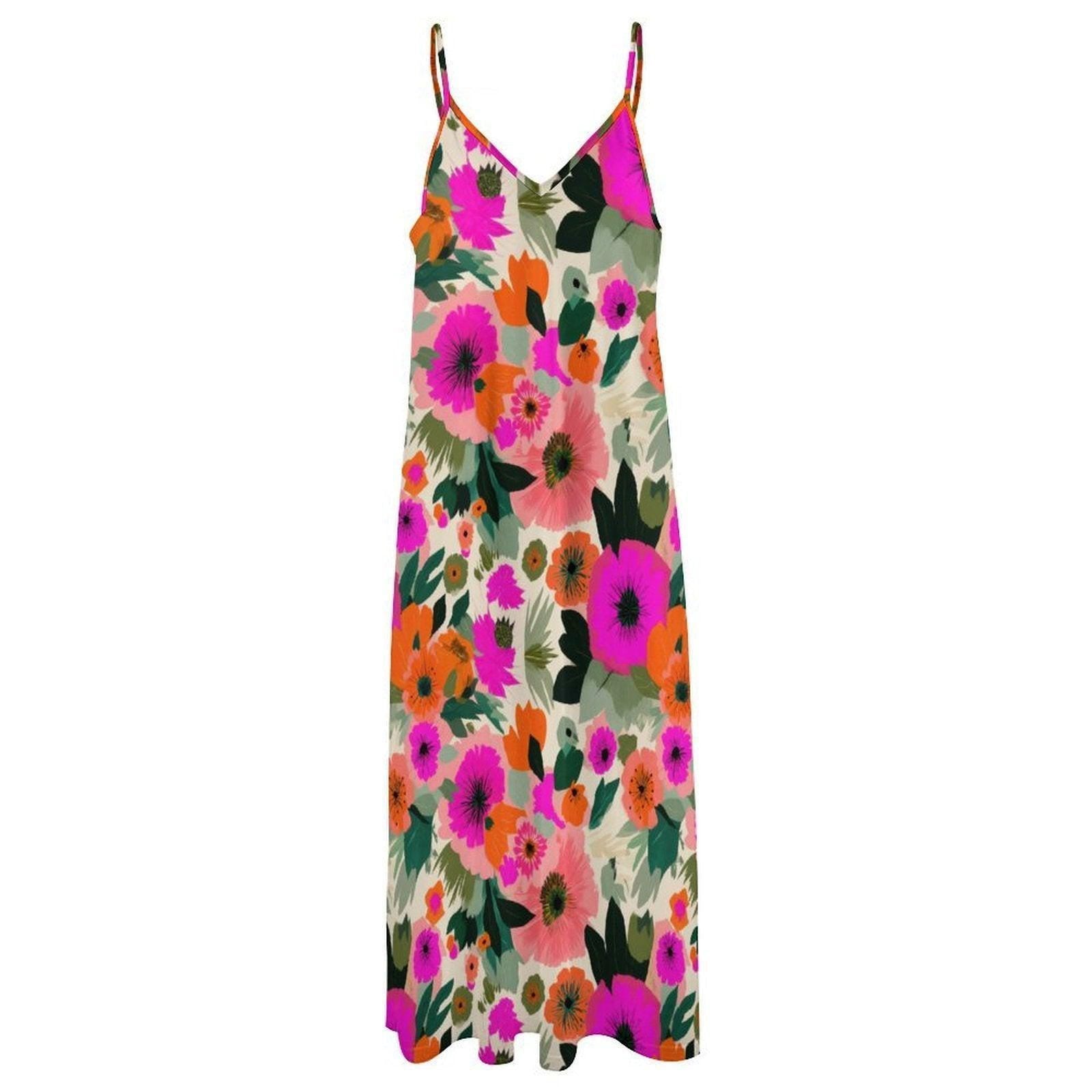 Colorful Floral Maxi Dress, Boho Summer Sundress, Pink Orange Vacation Outfit