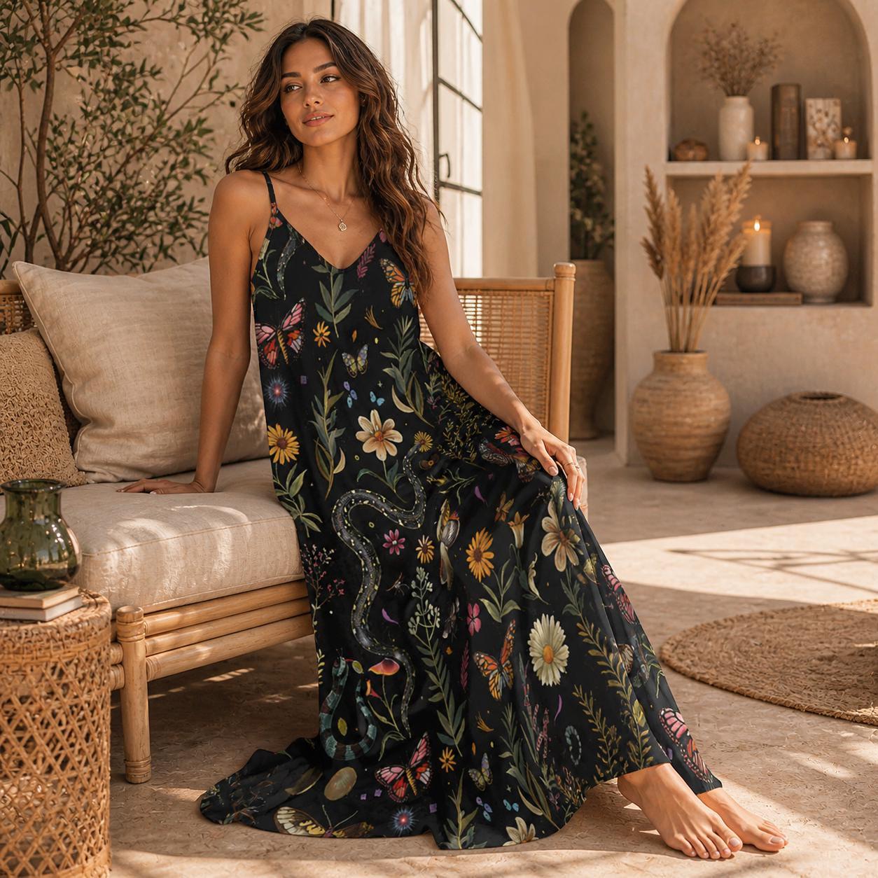 Mystical Snake Butterfly Floral Mushroom Maxi Dress, Fairycore Cottagecore Gown, Dark Nature Festival Wear