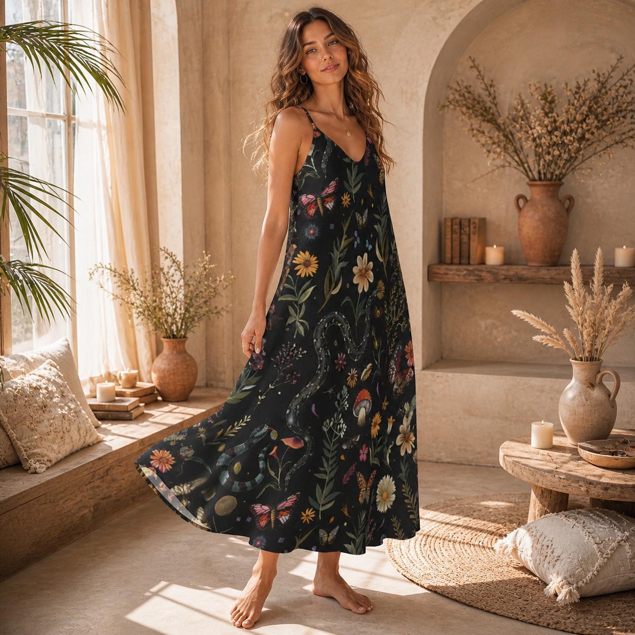 Mystical Snake Butterfly Floral Mushroom Maxi Dress, Fairycore Cottagecore Gown, Dark Nature Festival Wear
