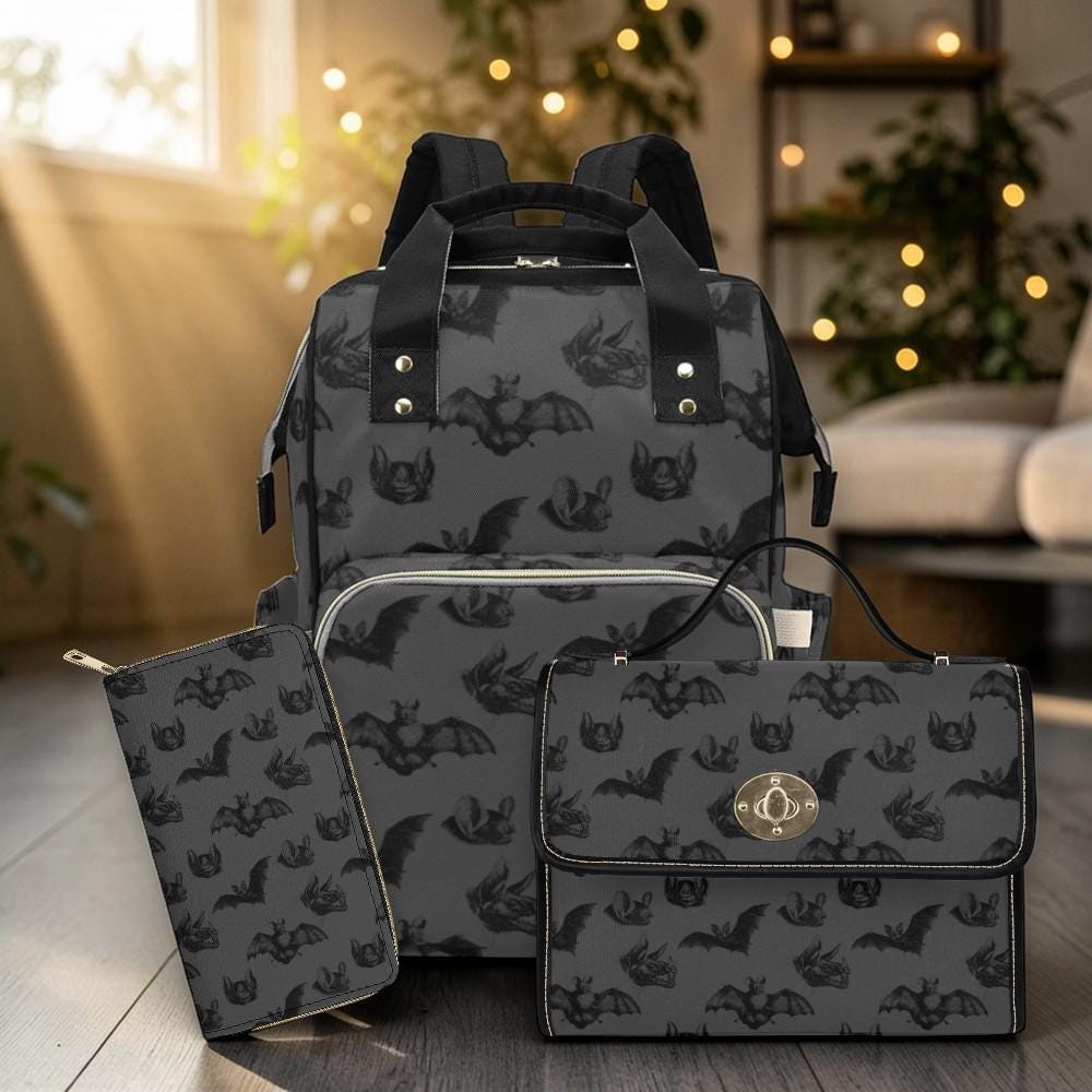 Bat Print Diaper Backpack, Gothic Mom Bag for Baby Travel and Nursery Essentials