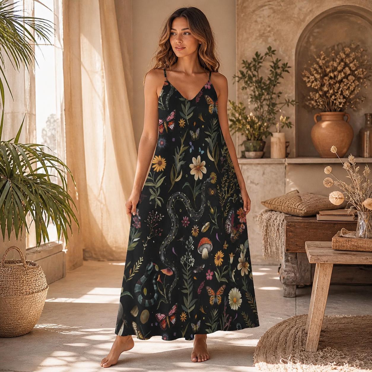 Mystical Snake Butterfly Floral Mushroom Maxi Dress, Fairycore Cottagecore Gown, Dark Nature Festival Wear