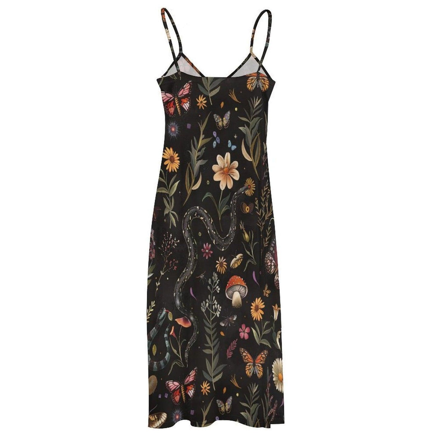 Mystical Snake Butterfly Floral Mushroom Maxi Dress, Fairycore Cottagecore Gown, Dark Nature Festival Wear