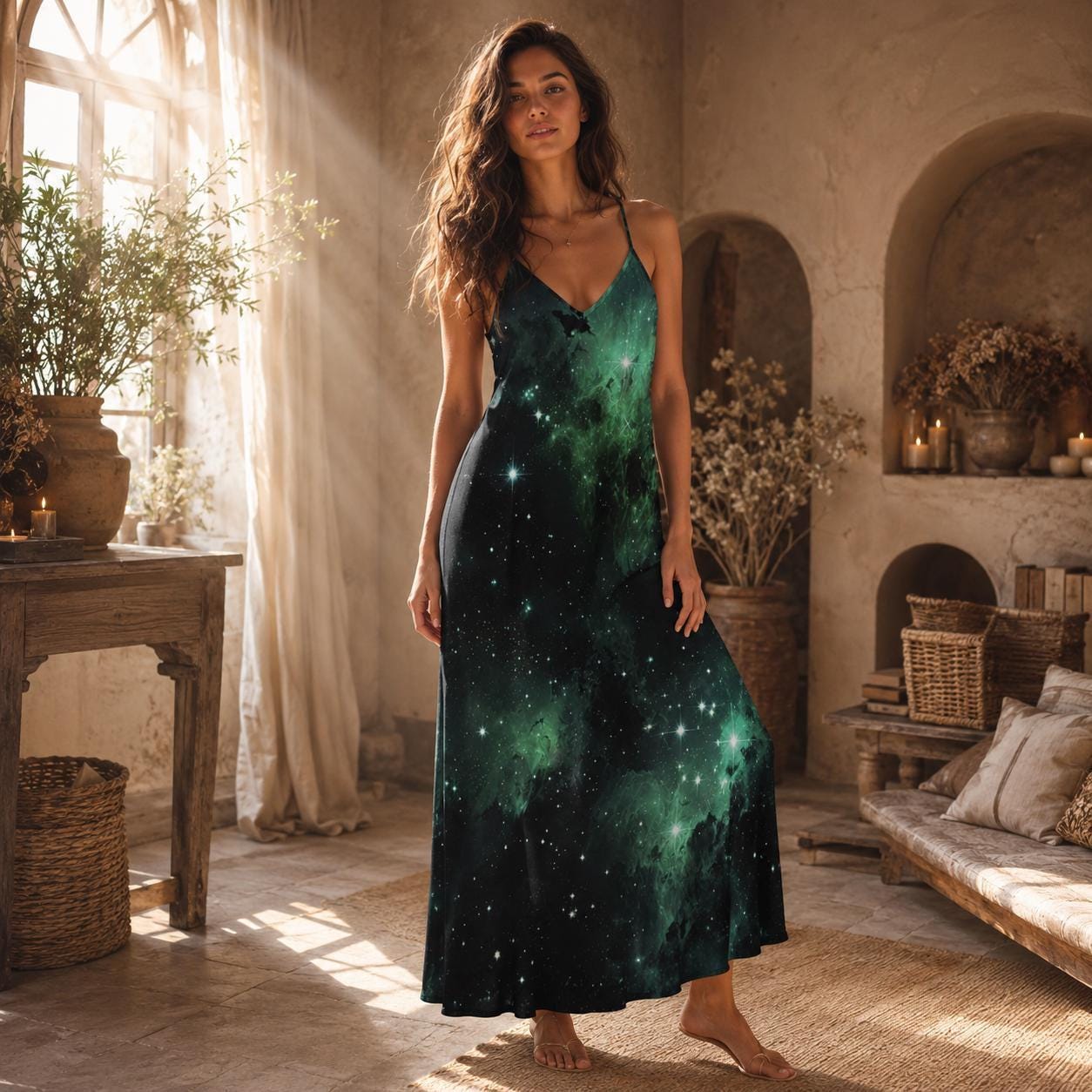 Green galaxy maxi dress, celestial starfield print, sleeveless boho vacation outfit