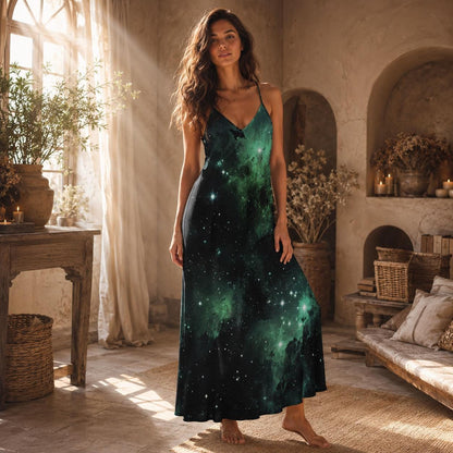 Green galaxy maxi dress, celestial starfield print, sleeveless boho vacation outfit