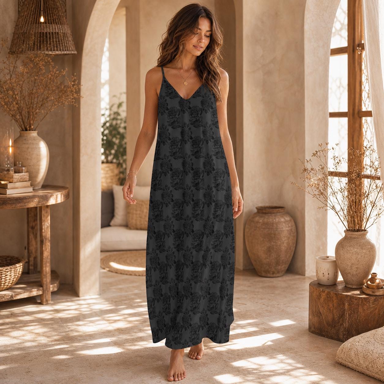 Black Rose Maxi Dress, Dark Floral Slip Sundress, Romantic Vacation Outfit