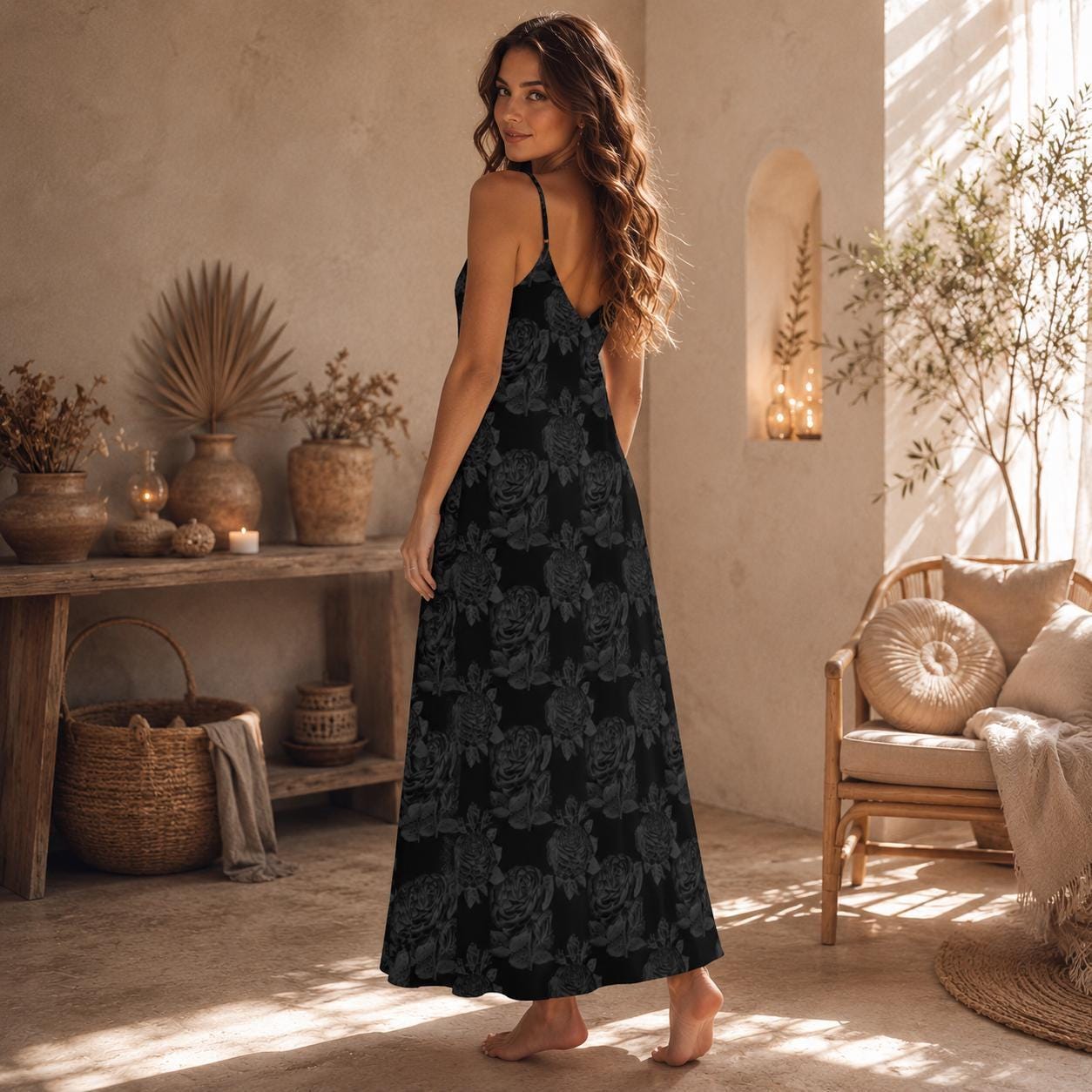 Black Floral Maxi Dress, Dark Cottagecore Sundress, Moody Sleeveless Boho Dress