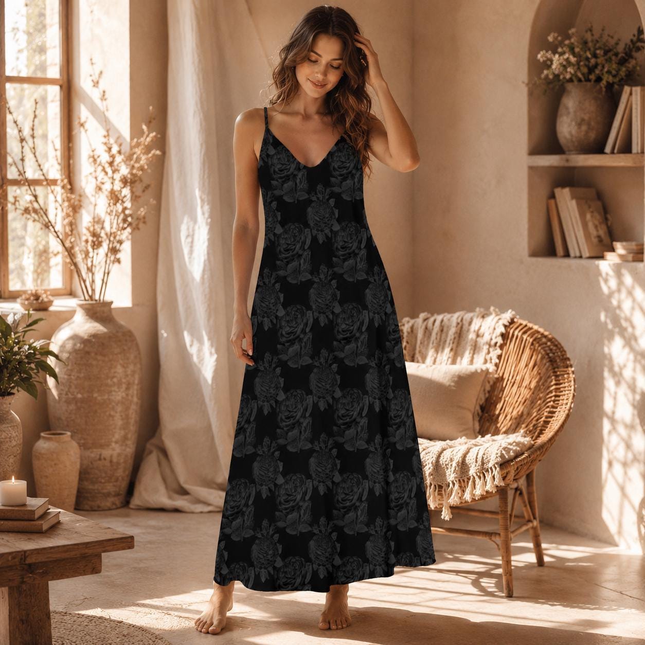 Black Floral Maxi Dress, Dark Cottagecore Sundress, Moody Sleeveless Boho Dress
