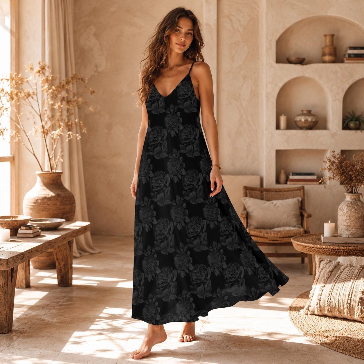 Black Floral Maxi Dress, Dark Cottagecore Sundress, Moody Sleeveless Boho Dress