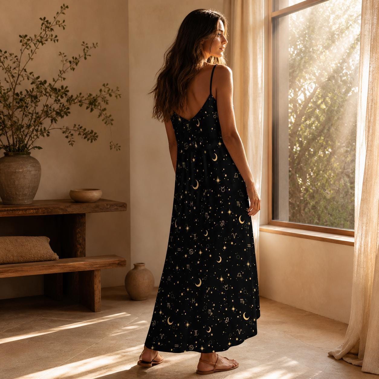 Astrology Maxi Dress, Zodiac Sign Slip Gown, Celestial Moon Star Boho Vacation Dress
