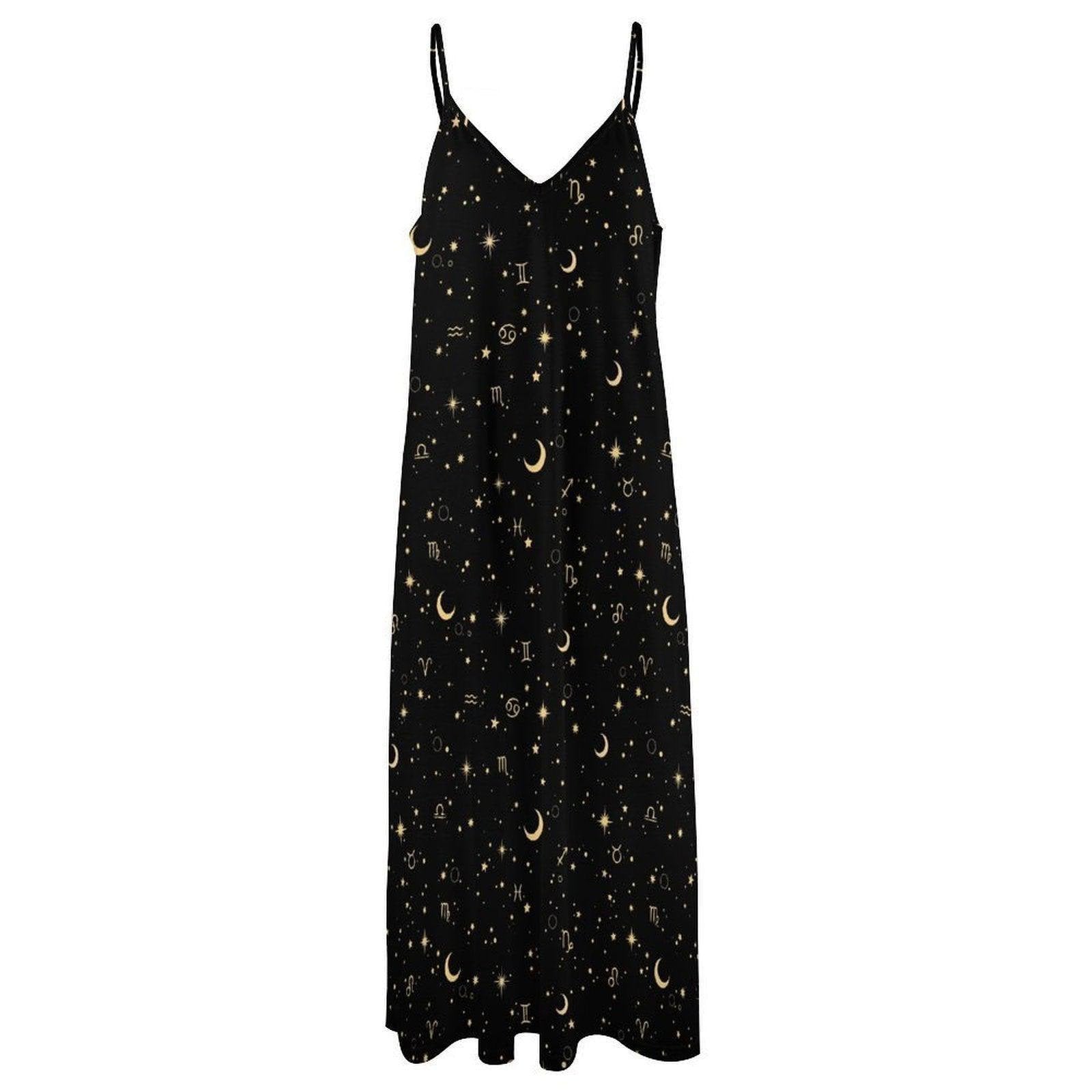 Astrology Maxi Dress, Zodiac Sign Slip Gown, Celestial Moon Star Boho Vacation Dress