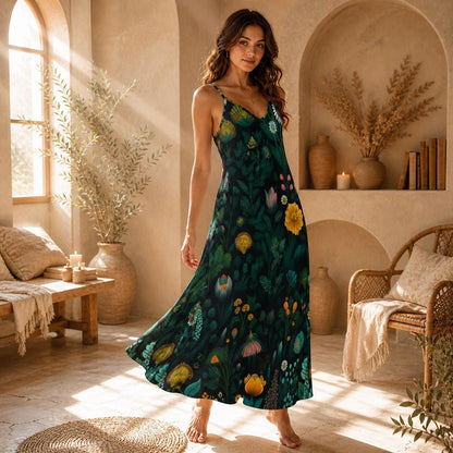 Wildflower Maxi Dress, Dark Botanical Slip Sundress, Forest Garden Vacation Outfit