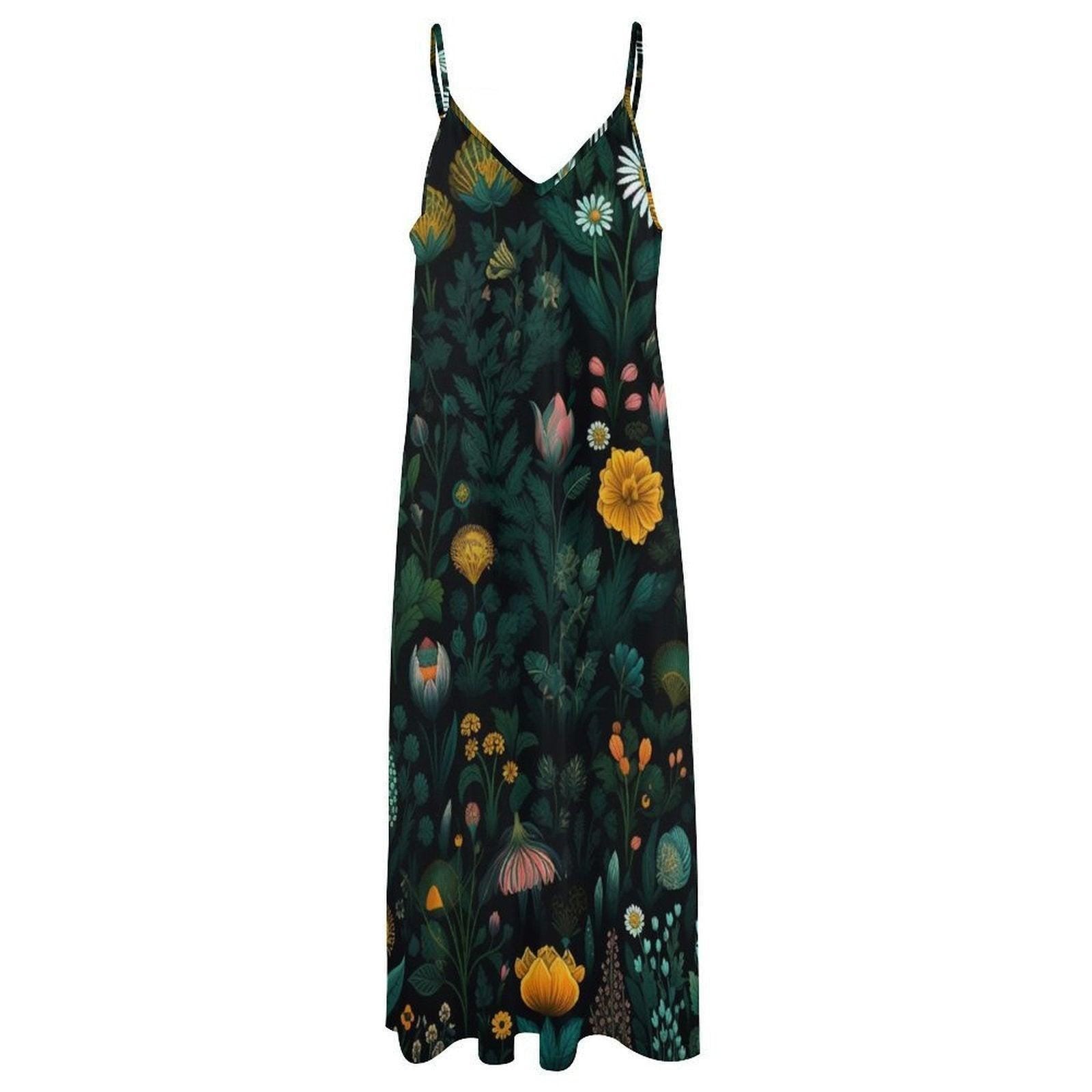 Wildflower Maxi Dress, Dark Botanical Slip Sundress, Forest Garden Vacation Outfit
