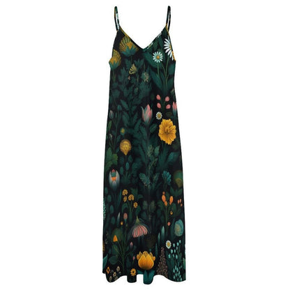 Wildflower Maxi Dress, Dark Botanical Slip Sundress, Forest Garden Vacation Outfit