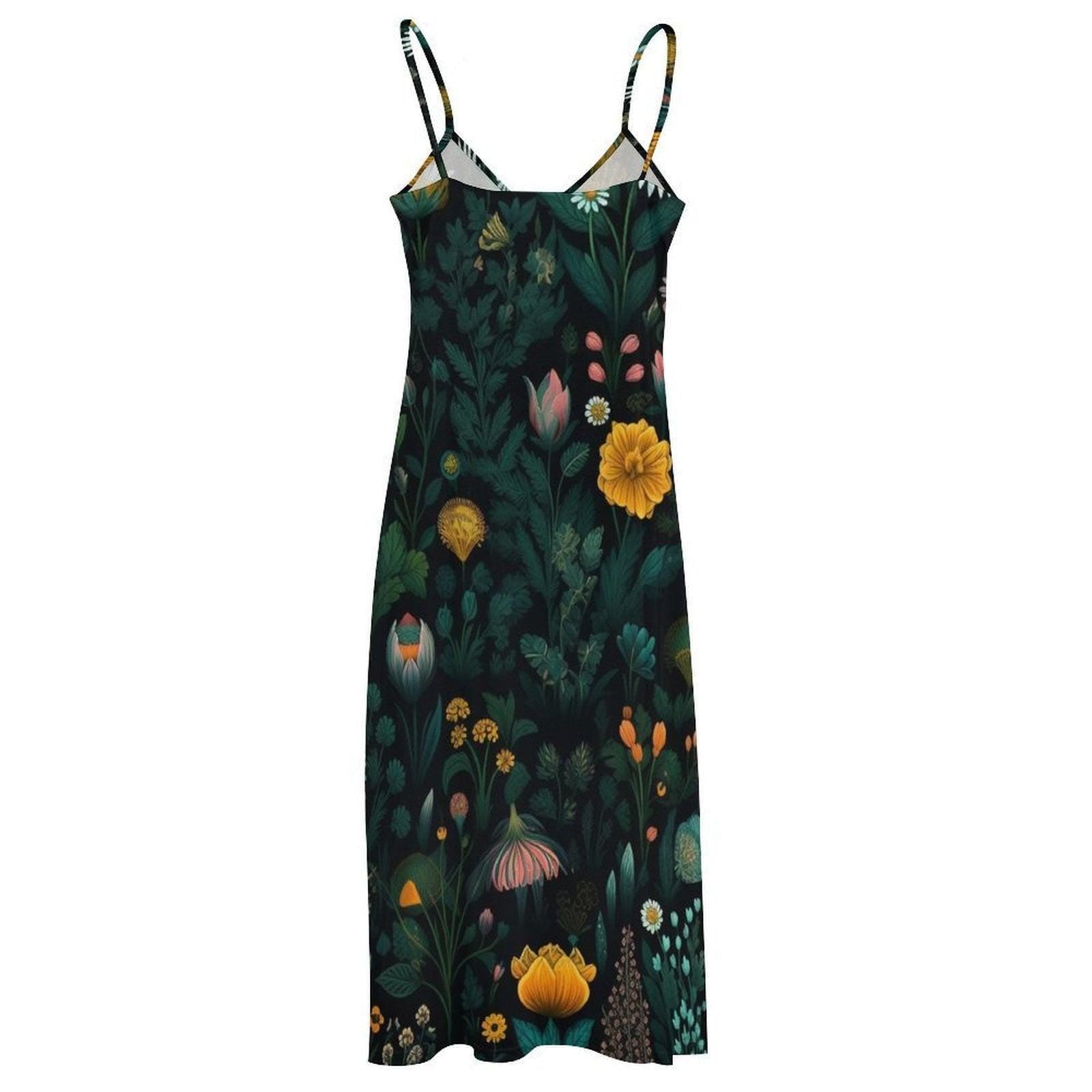 Wildflower Maxi Dress, Dark Botanical Slip Sundress, Forest Garden Vacation Outfit
