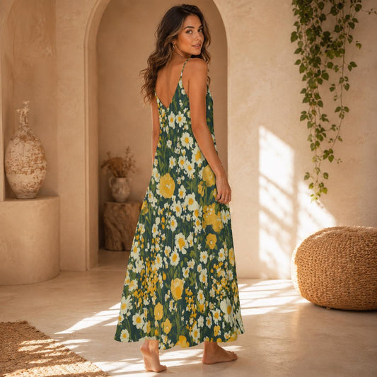 Yellow Daisy Floral Maxi Dress, Cottagecore Garden Sundress, Soft Girl Spring Summer Outfit