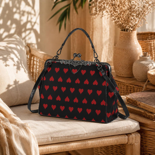 Red Heart Kisslock Handbag, Vintage Frame Shoulder Purse, Dark Romance Waxed PU Leather Bag