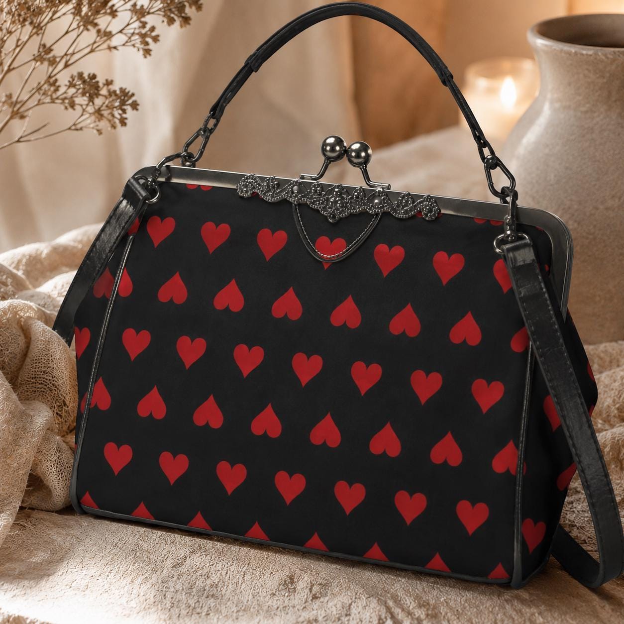 Red Heart Kisslock Handbag, Vintage Frame Shoulder Purse, Dark Romance Waxed PU Leather Bag