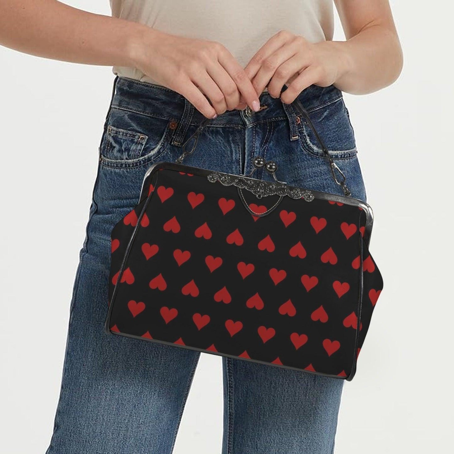 Red Heart Kisslock Handbag, Vintage Frame Shoulder Purse, Dark Romance Waxed PU Leather Bag