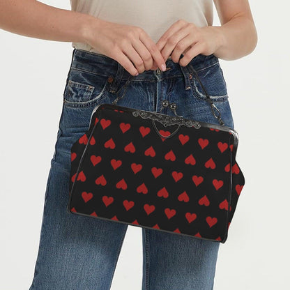 Red Heart Kisslock Handbag, Vintage Frame Shoulder Purse, Dark Romance Waxed PU Leather Bag