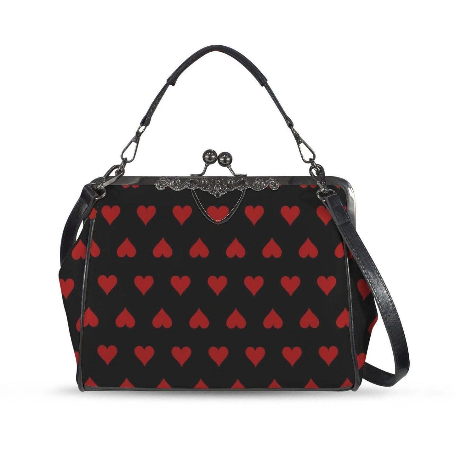 Red Heart Kisslock Handbag, Vintage Frame Shoulder Purse, Dark Romance Waxed PU Leather Bag