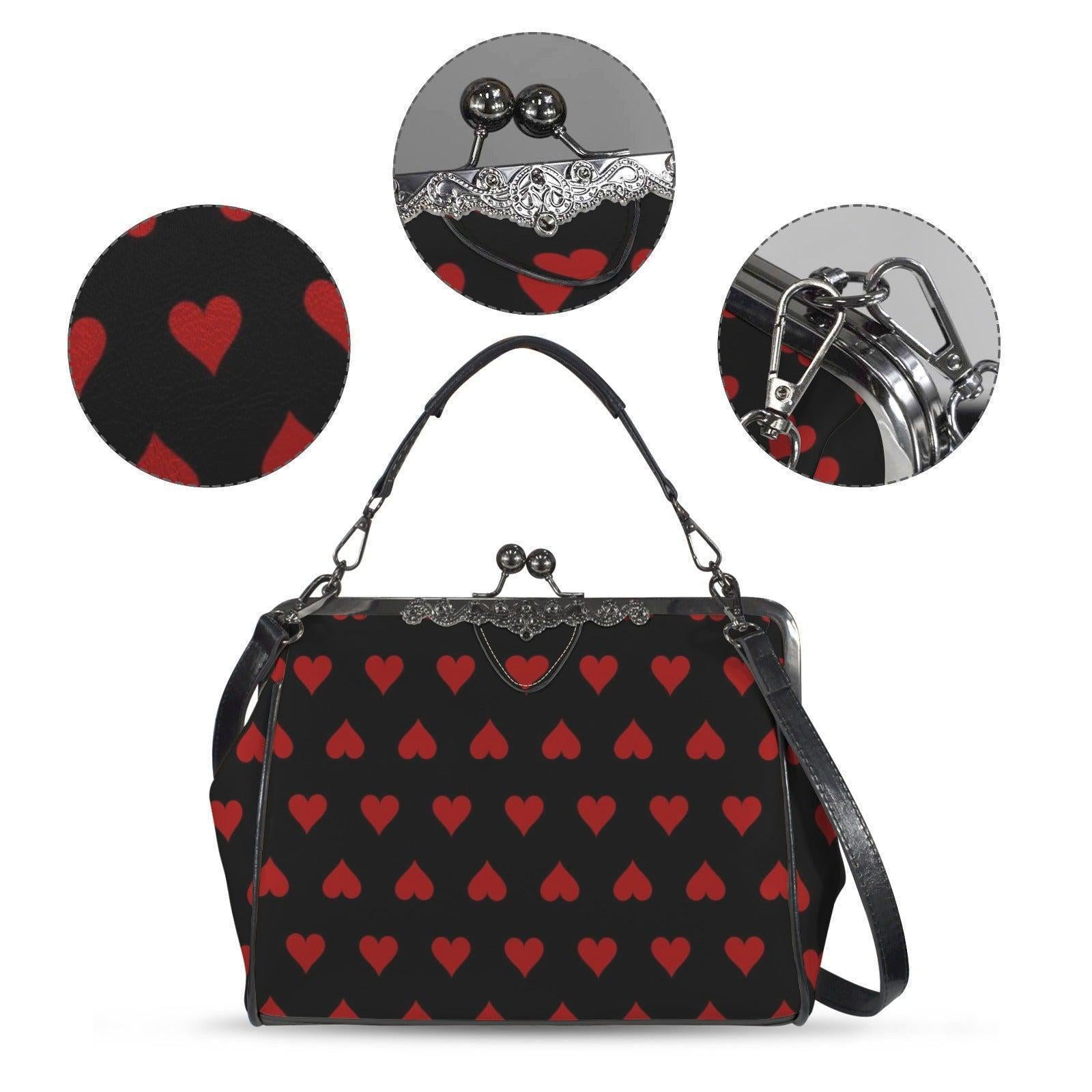 Red Heart Kisslock Handbag, Vintage Frame Shoulder Purse, Dark Romance Waxed PU Leather Bag