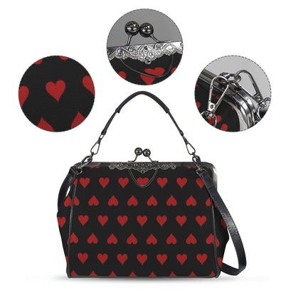 Red Heart Kisslock Handbag, Vintage Frame Shoulder Purse, Dark Romance Waxed PU Leather Bag