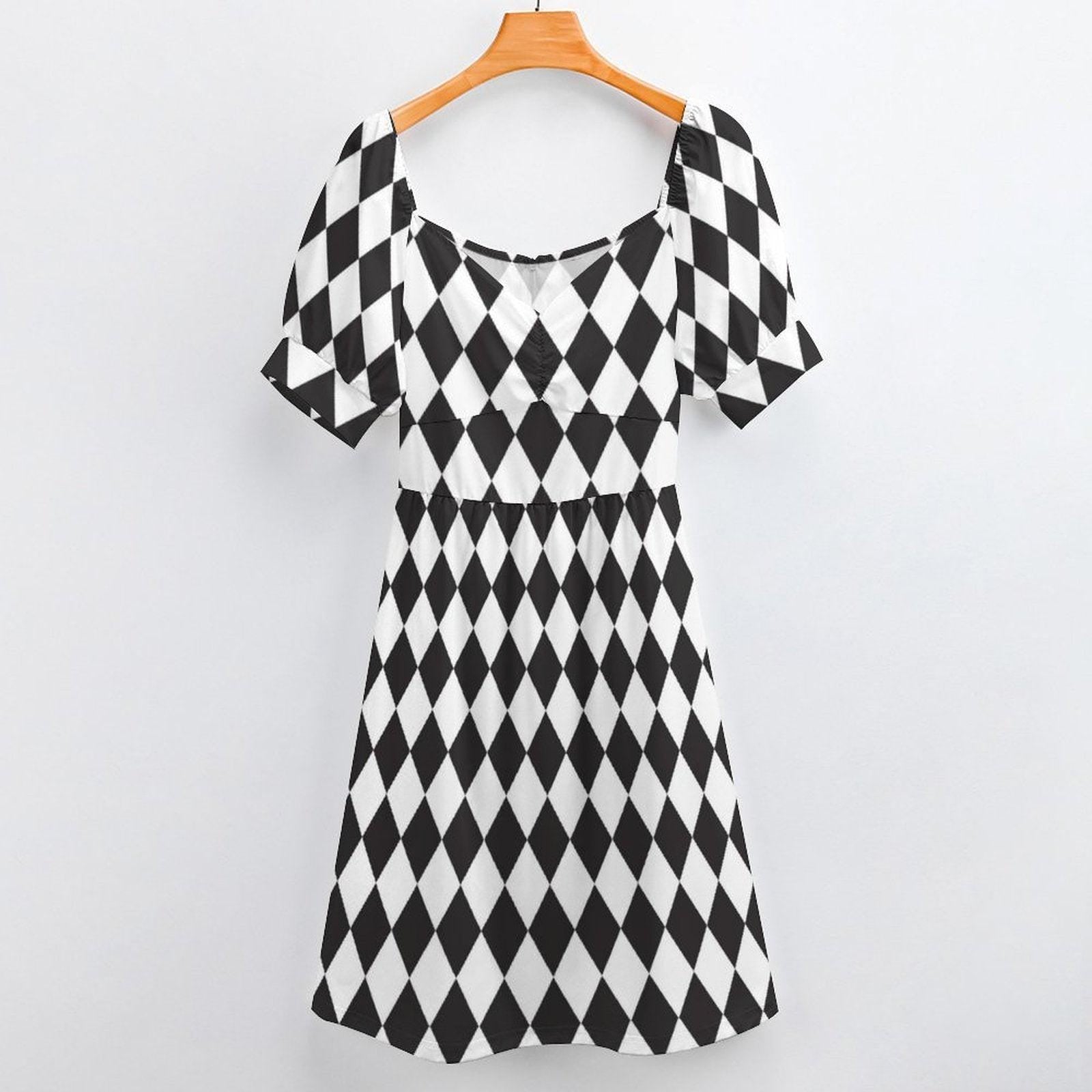 Gothic Alice Harlequin Mini Dress, Checkered Puff Sleeve Costume, Fairy Tale Halloween Outfit