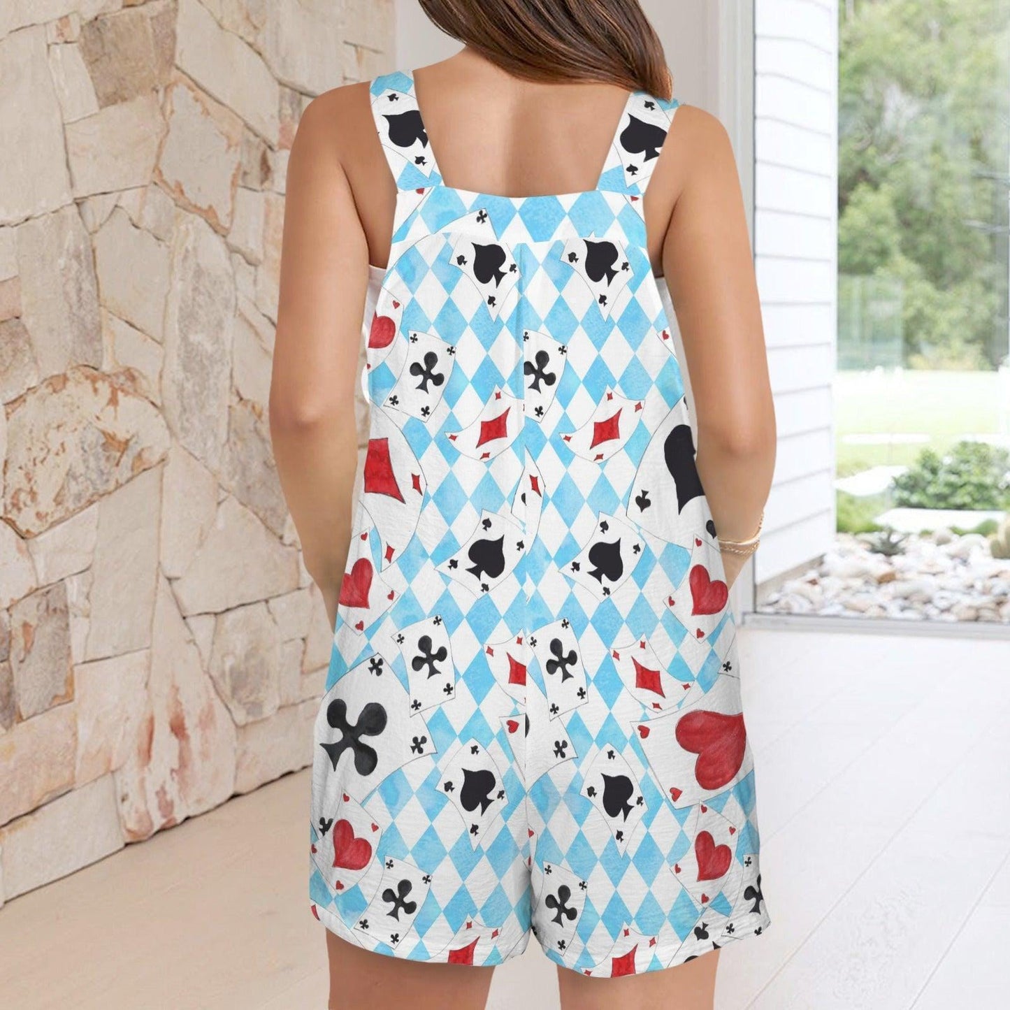 Blue Harlequin Card Suit Romper, Women's Summer Shortalls with Pockets
