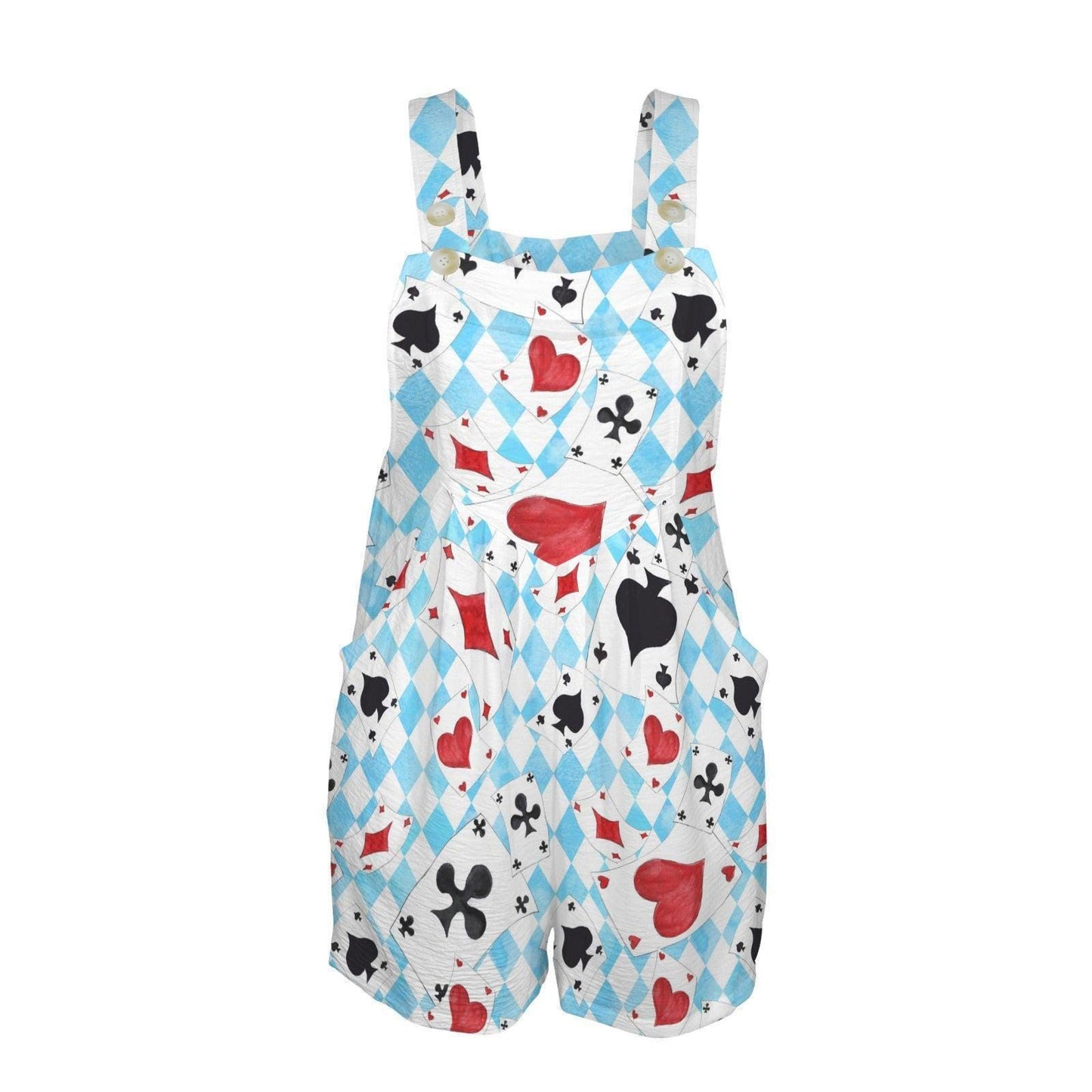 Blue Harlequin Card Suit Romper, Women's Summer Shortalls with Pockets