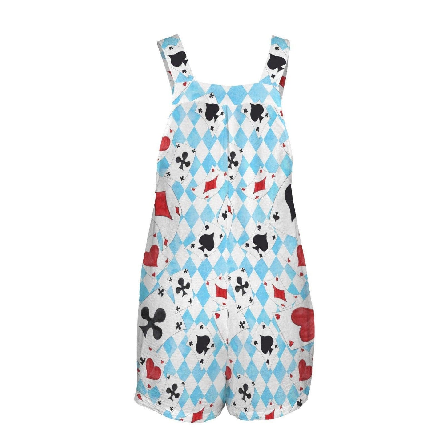Blue Harlequin Card Suit Romper, Women's Summer Shortalls with Pockets
