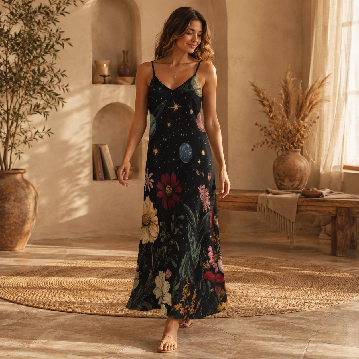 Celestial Floral Maxi Dress, Starry Night Cami Dress, Boho Galaxy Sundress for Women