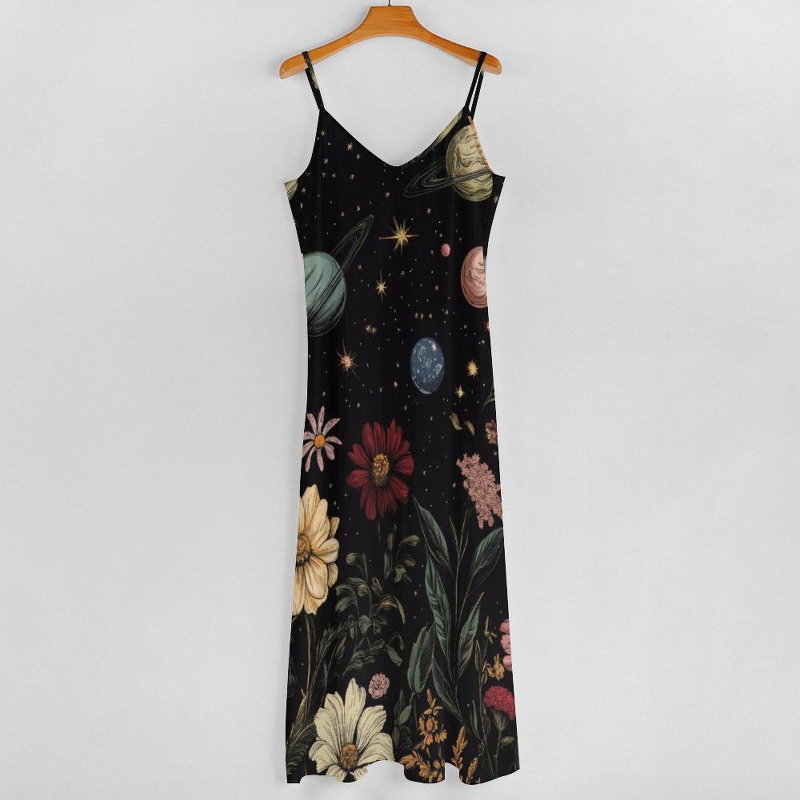 Celestial Floral Maxi Dress, Starry Night Cami Dress, Boho Galaxy Sundress for Women