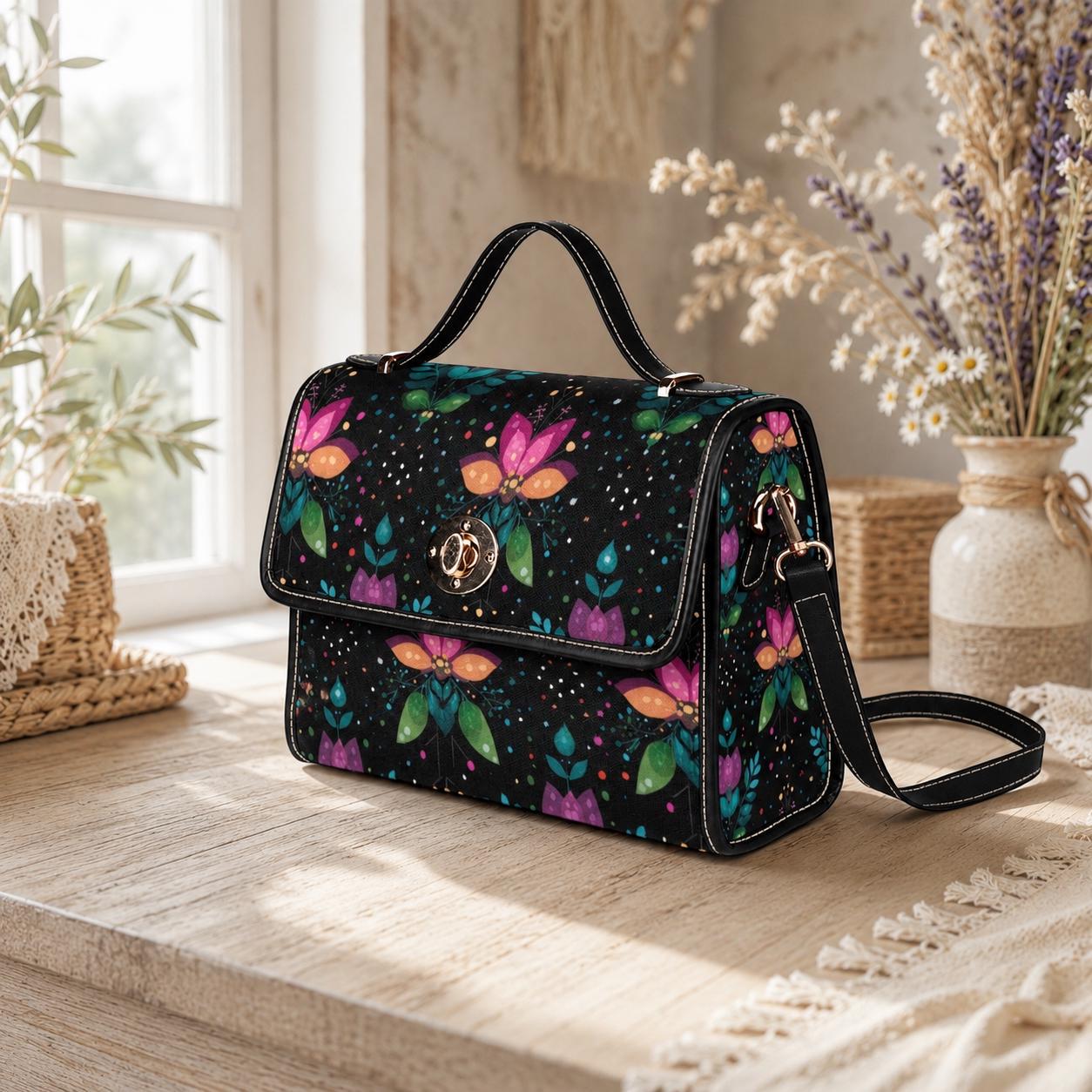 Botanical Crossbody Purse, Black Top Handle Satchel, Colorful Evening Handbag